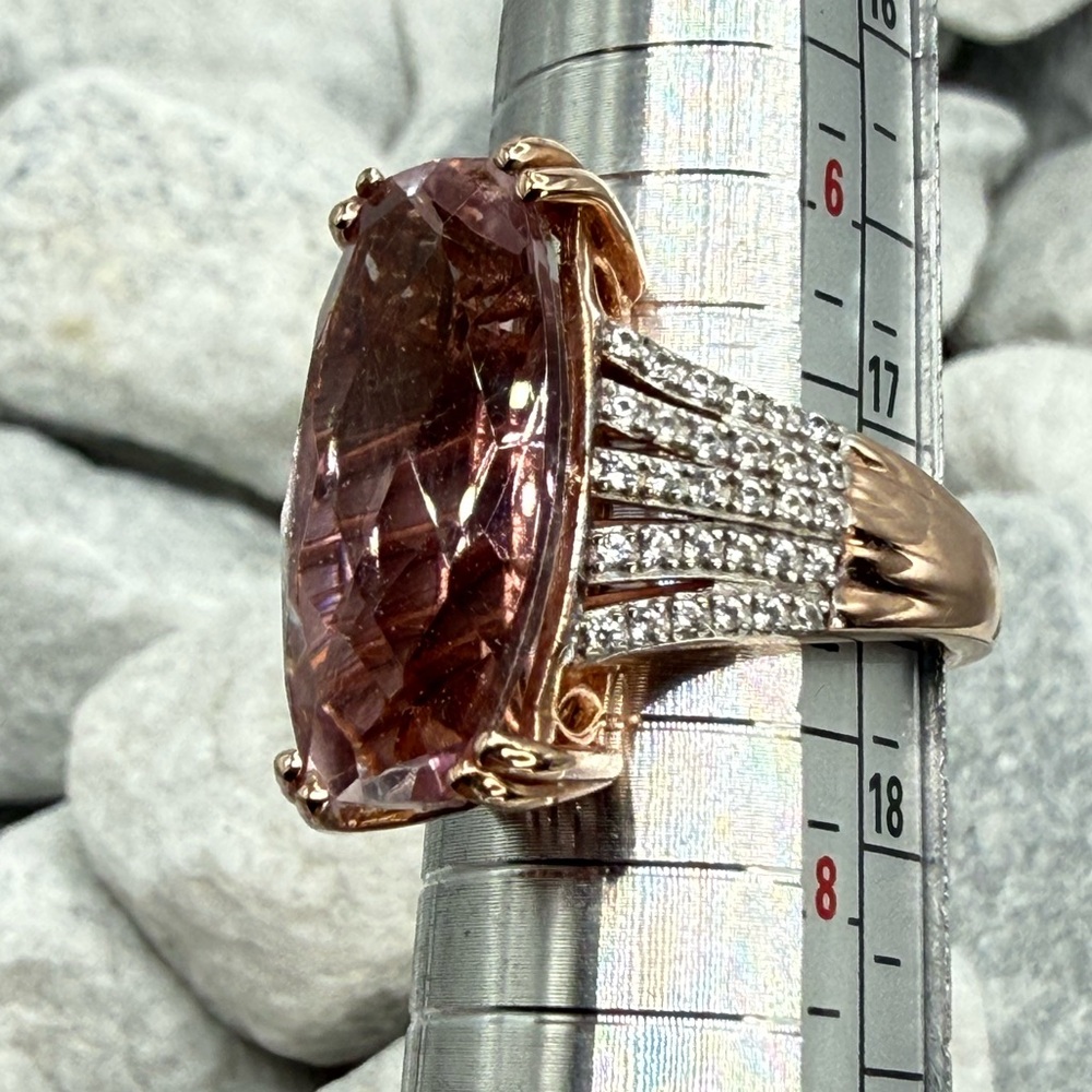 Morganite Cushion Cut Ring Rose Gold Over Sterling CZ Pave Size 7 - Picture 10 of 17